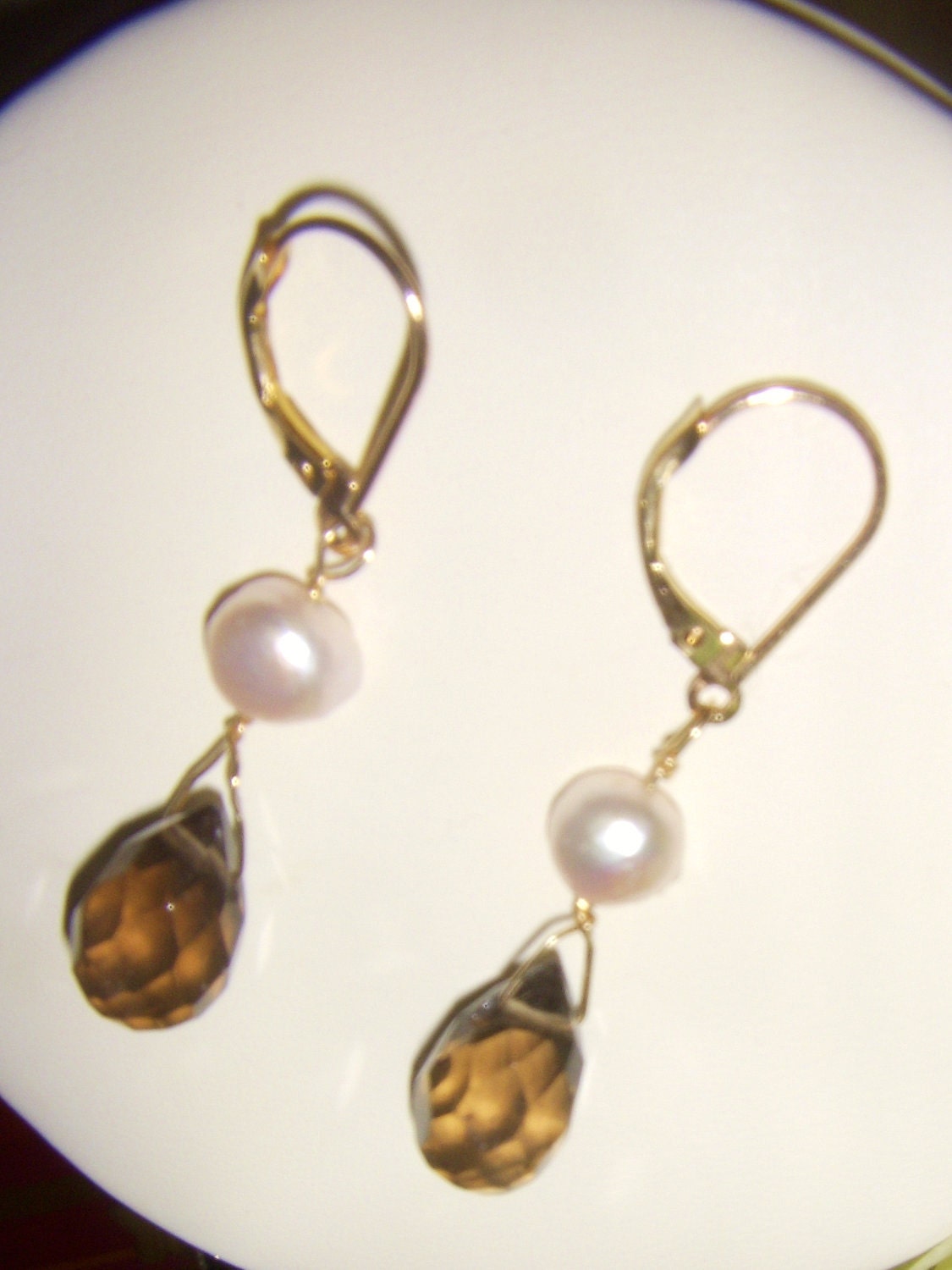 Smoky Quartz and Pearl Earrings set in Gold