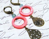 Pink and Antique Copper Filigree Dangle Earrings