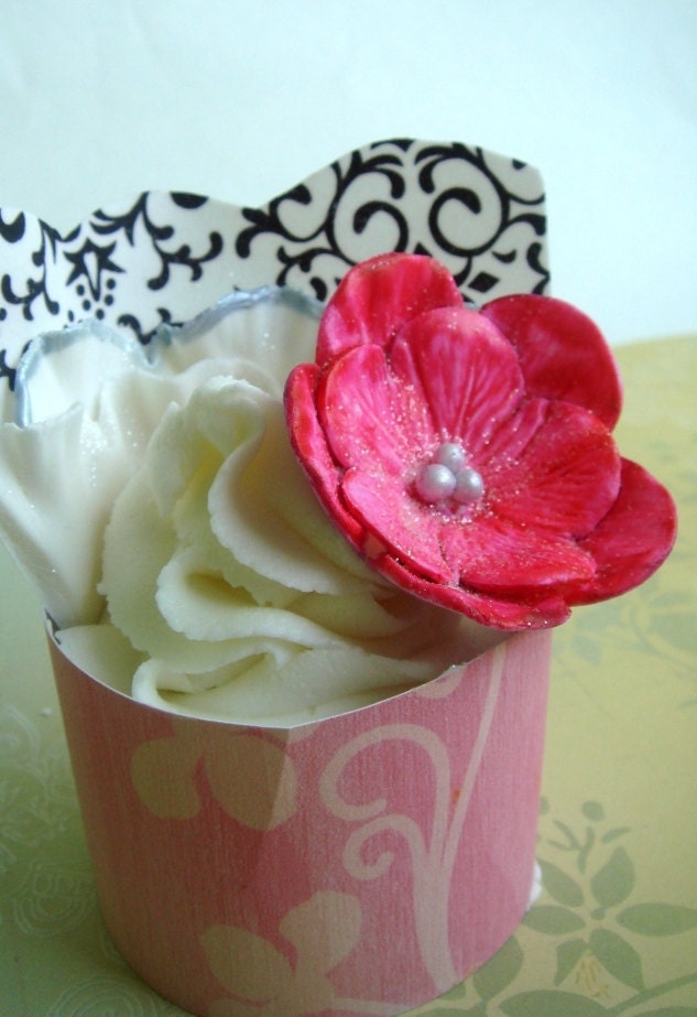 Red Rose Edible Cupcake Topper :  Edible Cake Decor - Gumpaste Flowers -  24 Wild Sugar Roses with Silver Pearl Centers - FREE SHIPPING