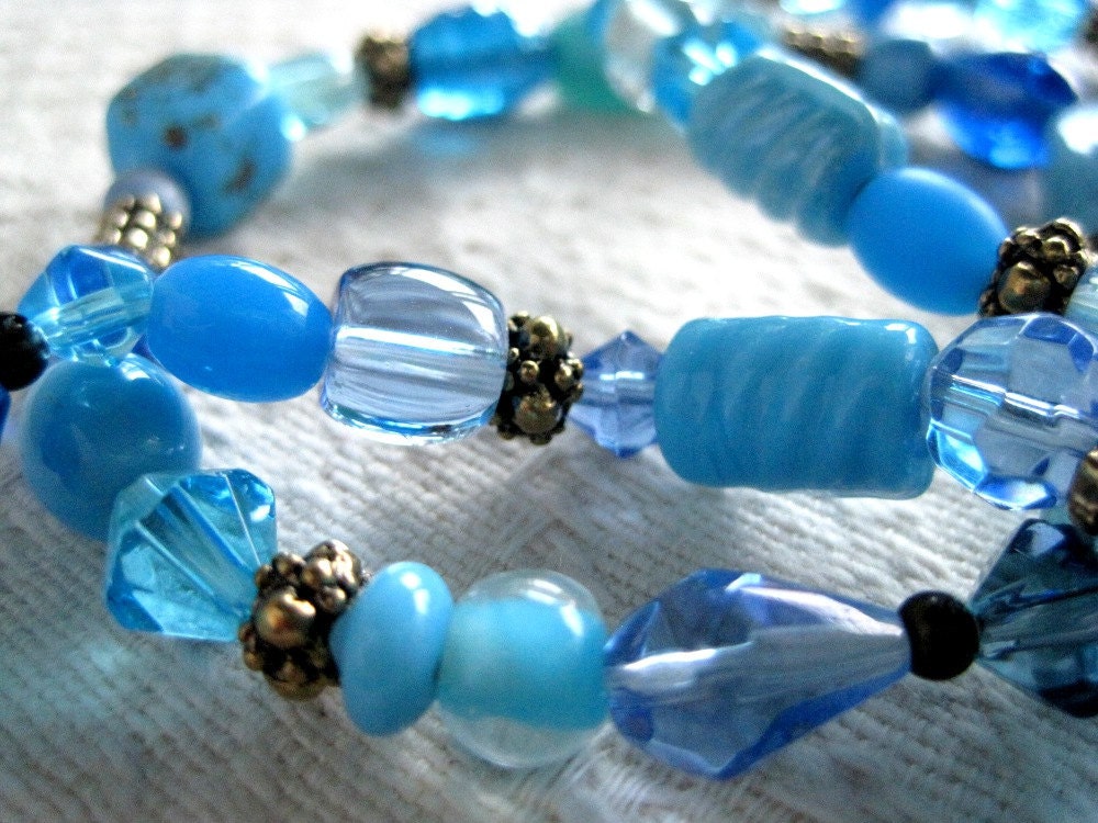 Set of Three Stretch Bracelets Blue Glass Beads
