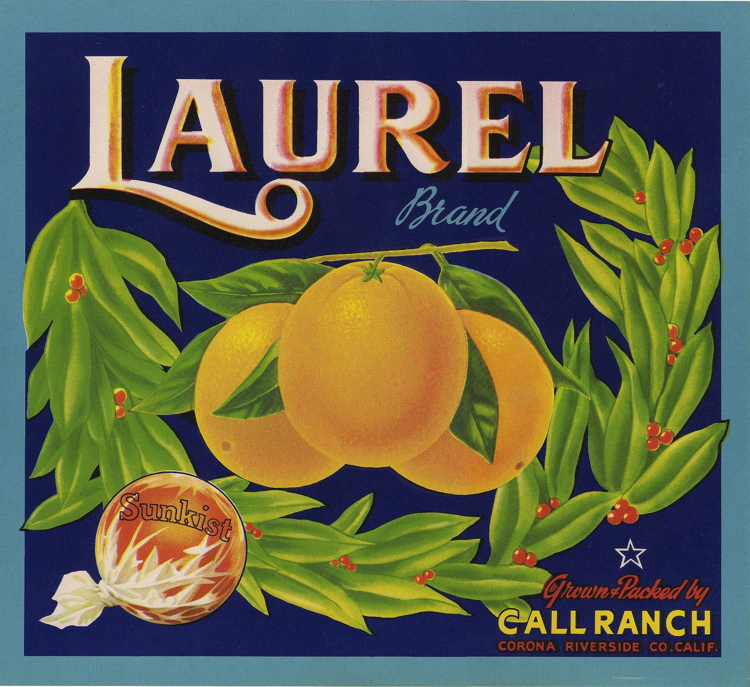 Laurel Flower Orange Fruit Crate Label - Corona Riverside California