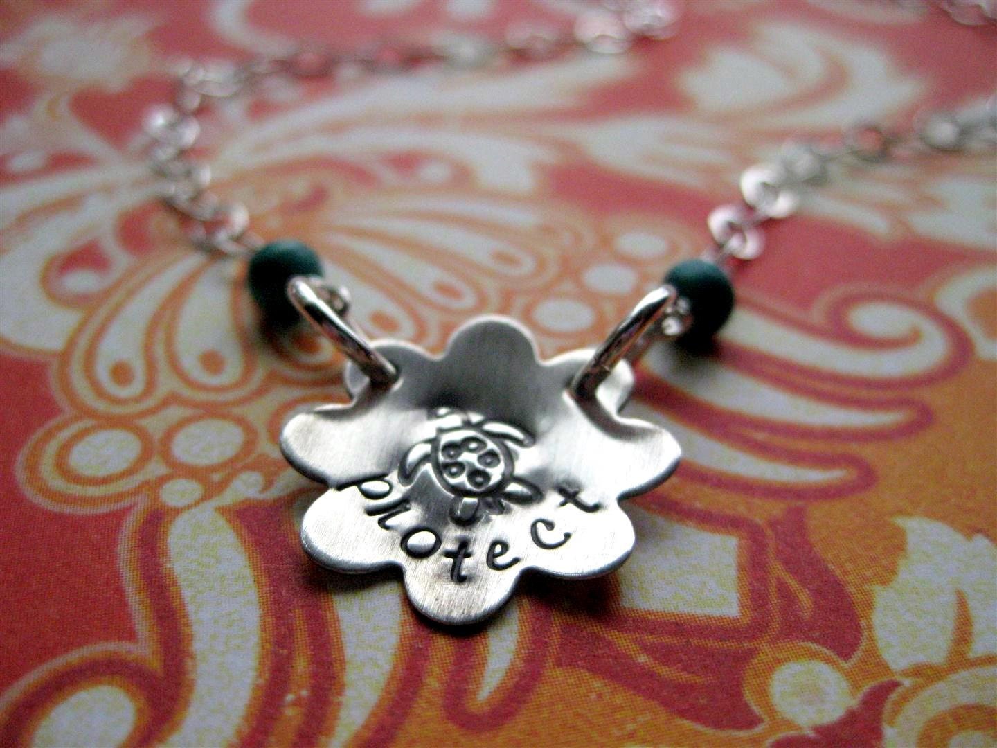 Hand Stamped Sea Turtle PROTECT Necklace With Turquoise