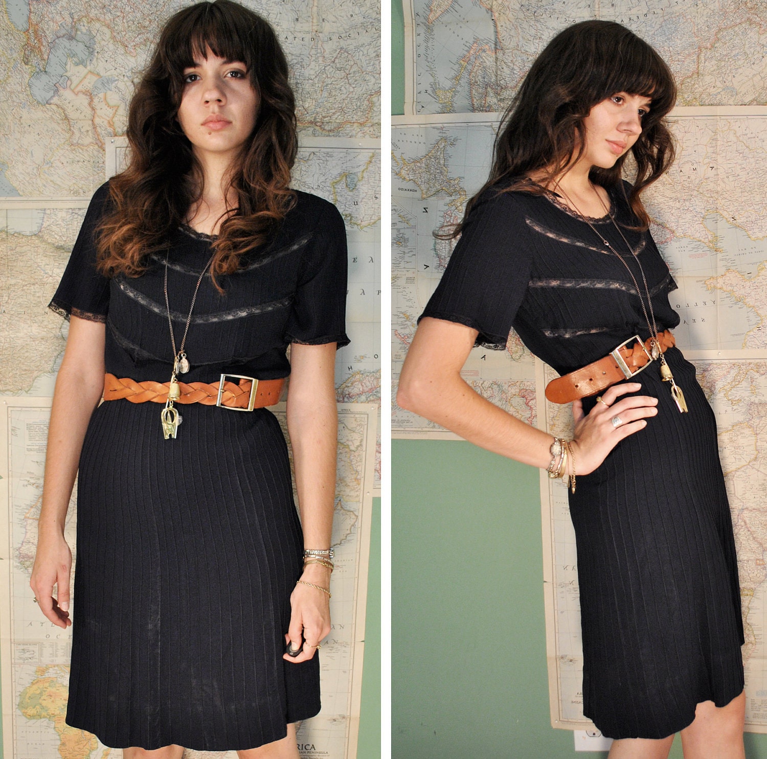 SALE Vintage 40s navy rayon and lace cocktail dress (( small))