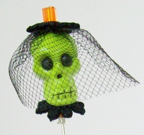 Neon Green Skull Stick Pin With Mourning Veil  'Envious Eleanor'