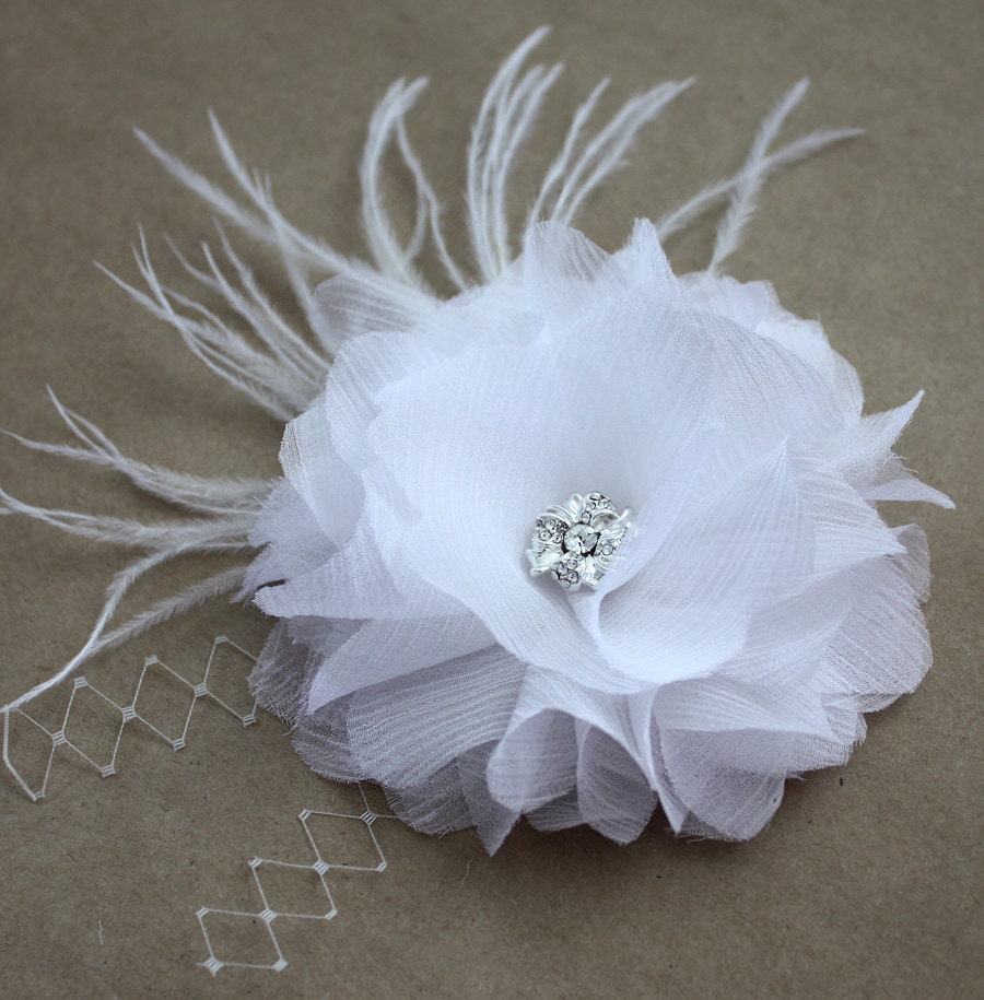 Luxurious White Peony 100% silk and Crystal Ostrich Feather Hair Flower wedding - Renata