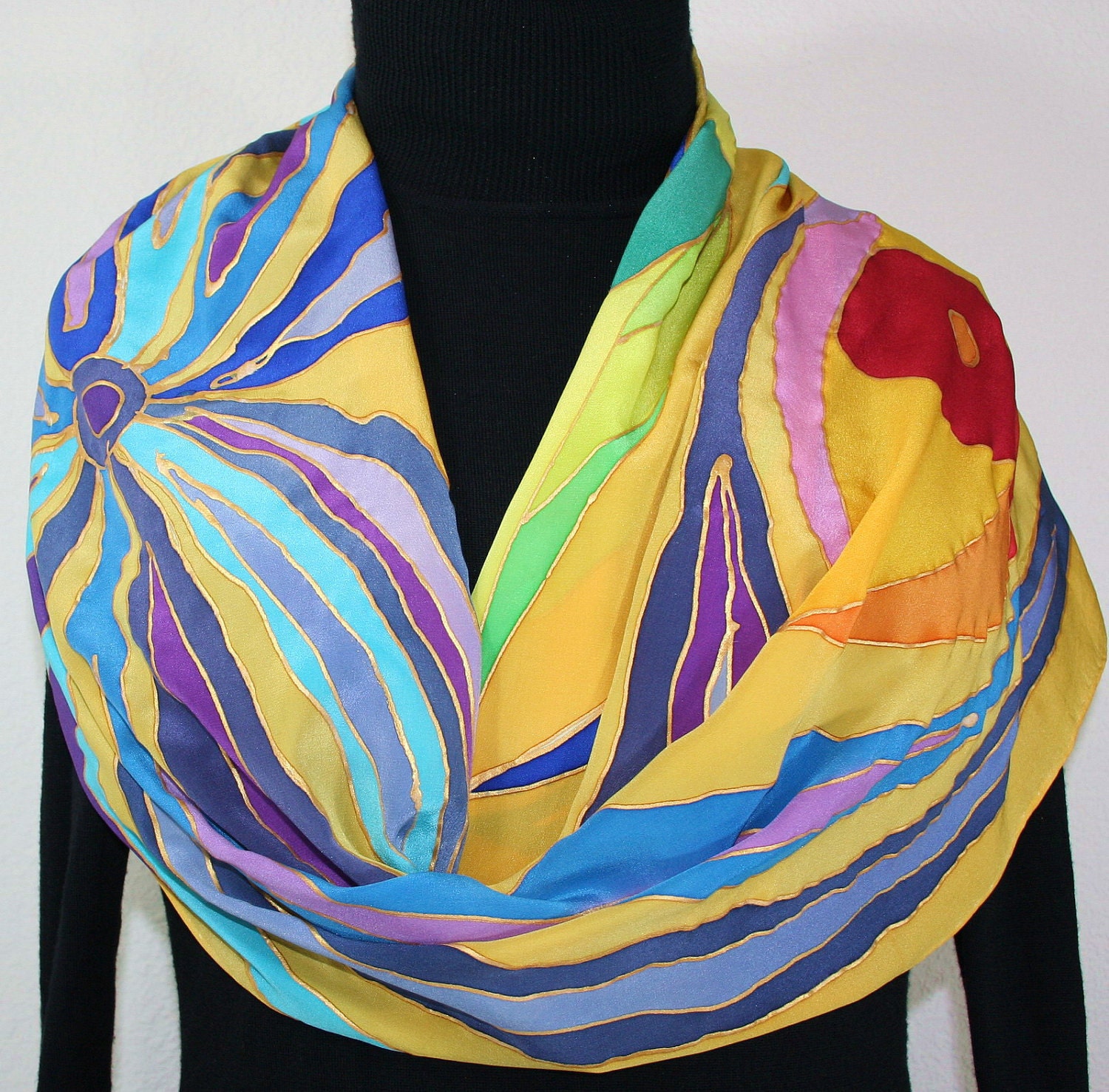 Bright Side of Life Hand Painted Silk Scarf -  size 14x70 in Yellow, Red and Blue