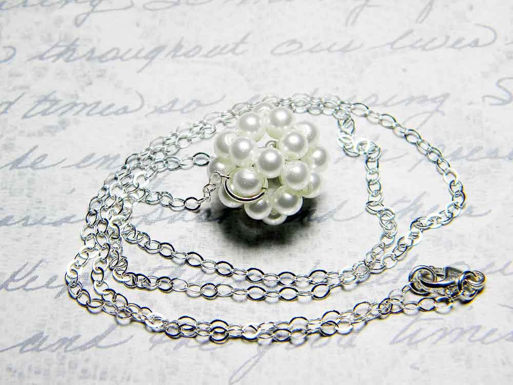 White Glass Pearl Necklace Beadweaving Sterling Silver - "Floating Pearls" by Whimsy Beading