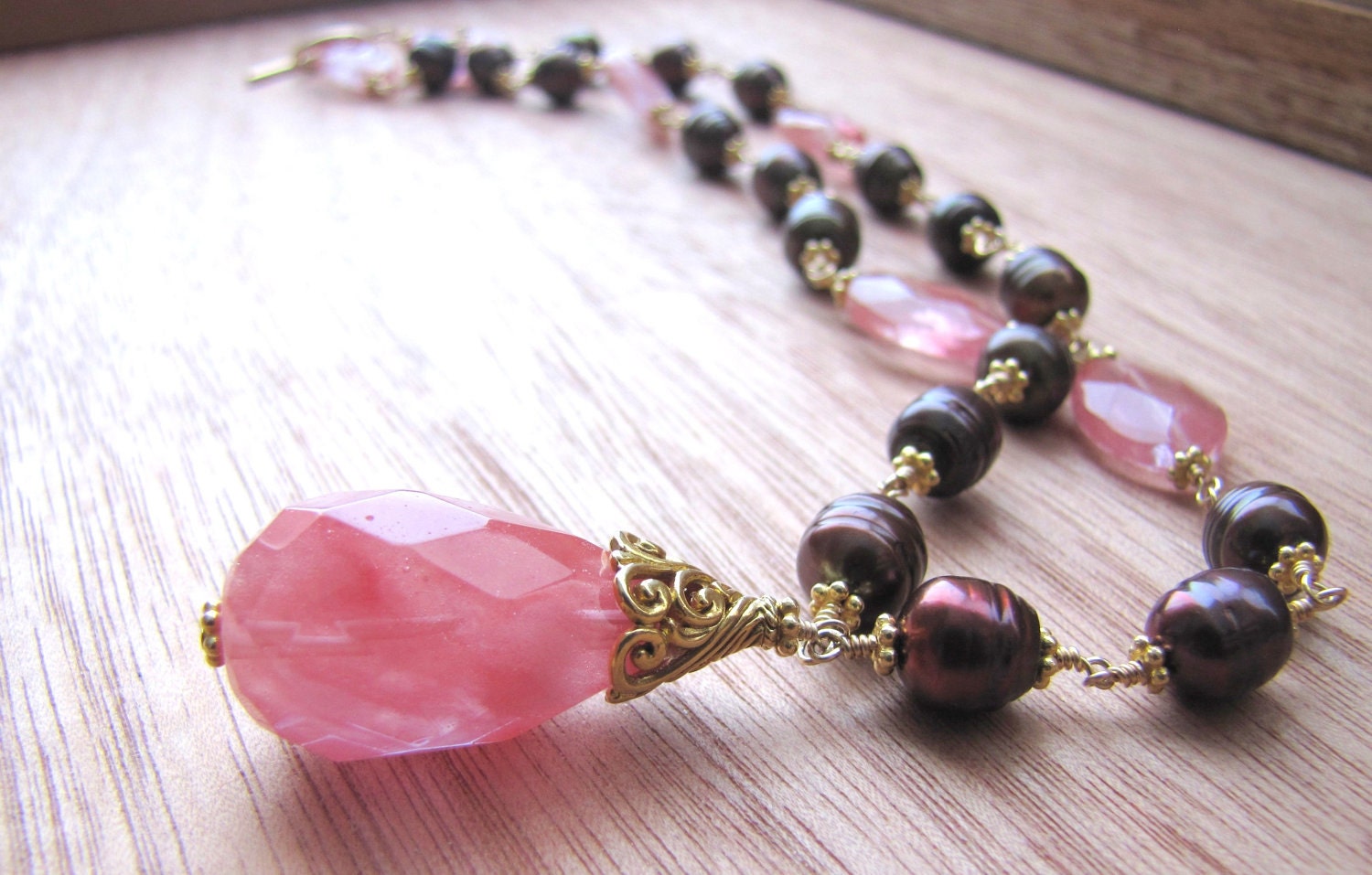 Azalea- strawberry quartz , chocolate baroque pearl, 14K gold filled necklace