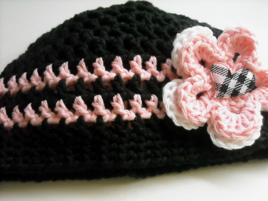 Black and Pink Crochet Beanie Hat with Flowers  Any Size
