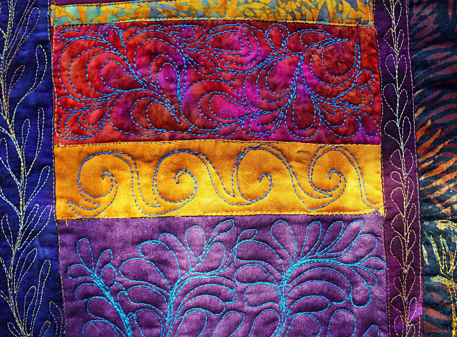 Contemporary art quilt, wonky piecing and funky quilting