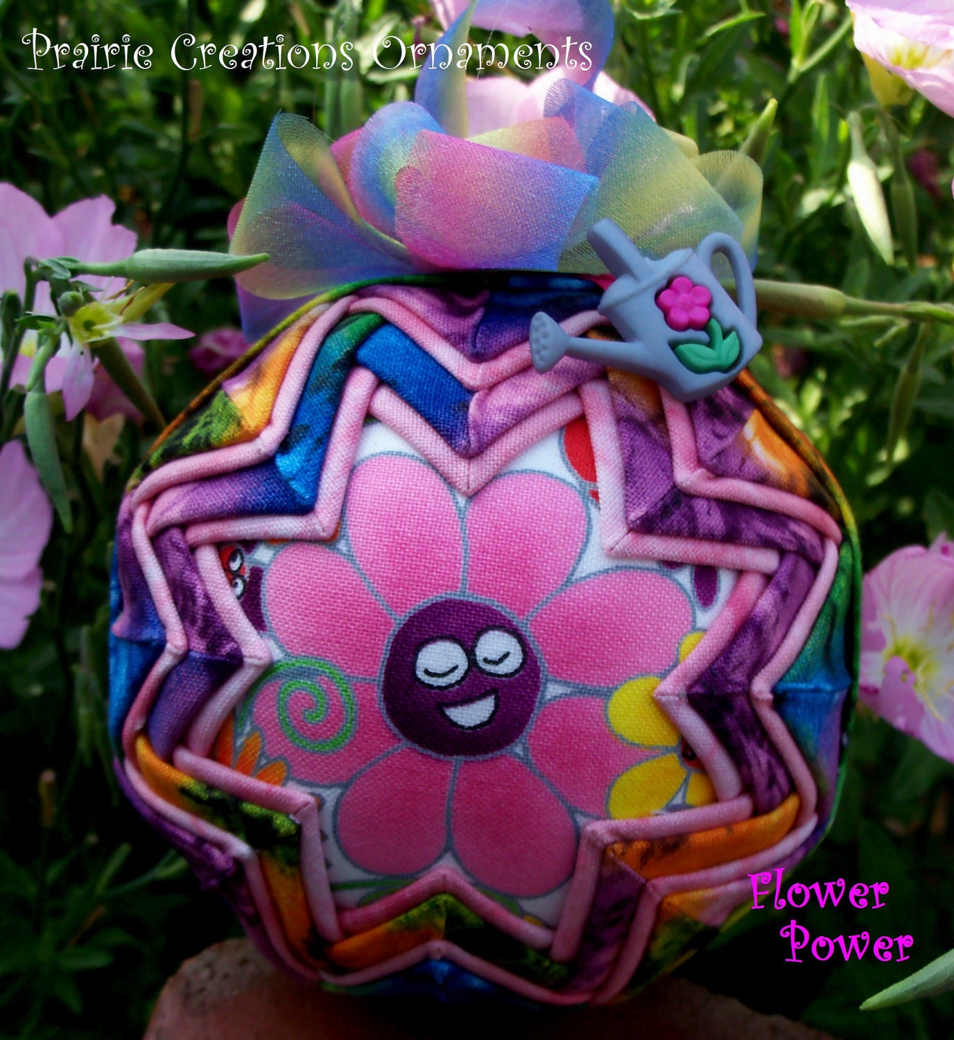 Pink Flower Power Handmade Quilted Ornament