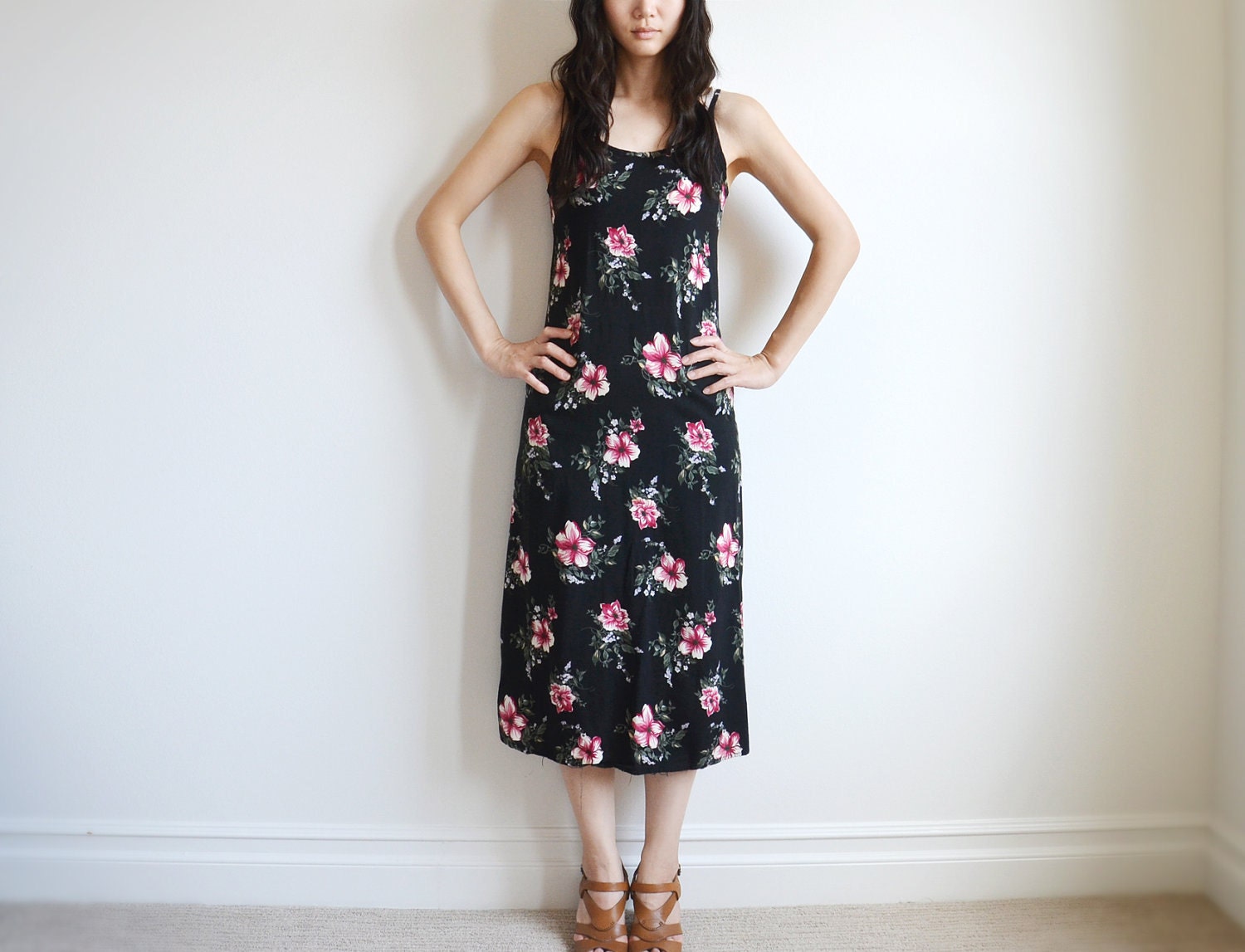 Vintage black floral long dress.