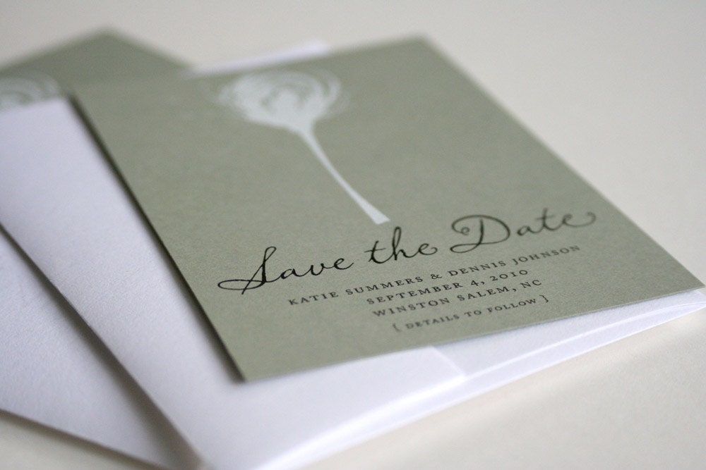 Nature print screenprint Save the Date card white on green tea