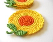 Flores amarelas Coasters Orange. Mel Mostarda Golden Sun Green Leaves Decor Crochet Coleção Jardim Primavera - Conjunto de 4
