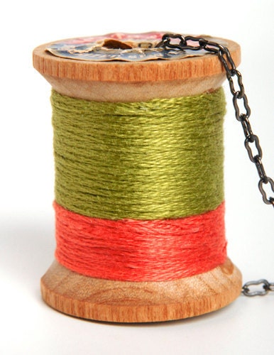 Moss and Salmon Thread Spool Necklace