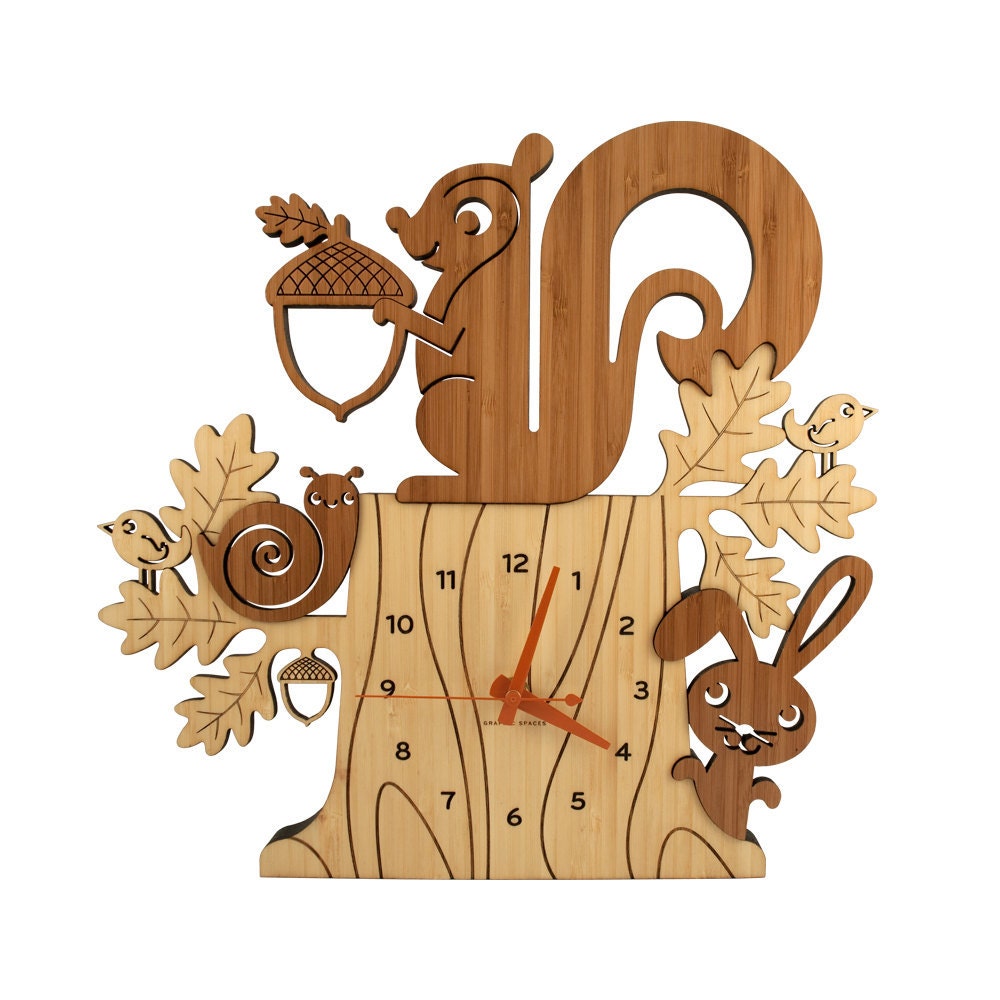 Squirrel Tree Stump Bamboo Wall Clock