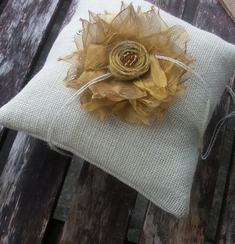 Wedding Ring Bearer Pillow in  Ecru Burlap and Gold Metallic Organza Fabric Flower