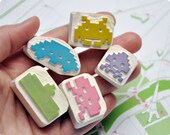 Space invaders hand carved stamp set of 5