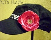 Black Cadet Cap with Handmade Satin Rose