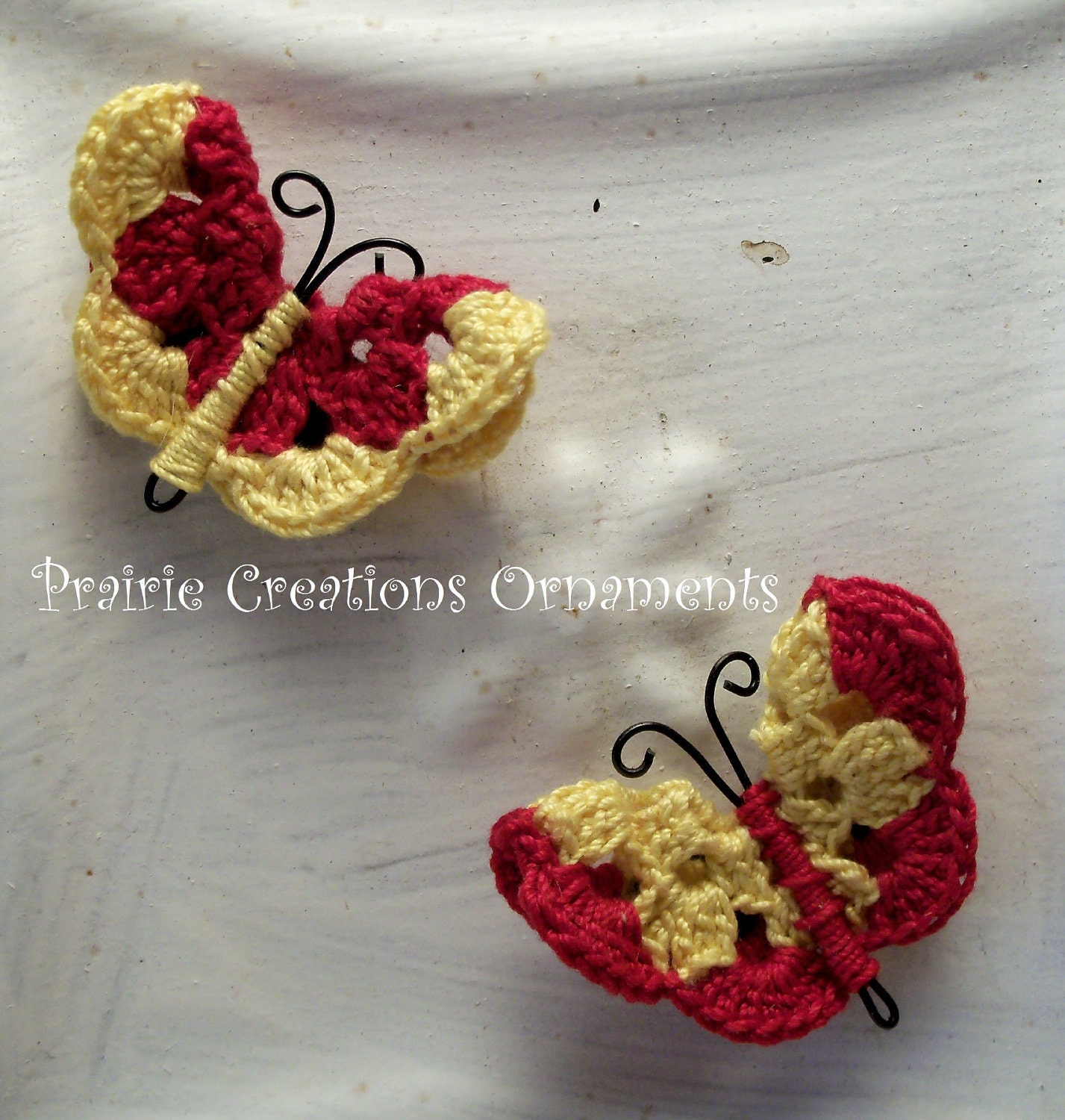 Crocheted Red and Yellow Butterfly Fridge Ornament Magnet Set of 2