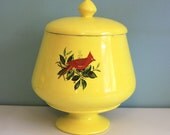 Vintage Bright Yellow Bird Jar with Cardinal