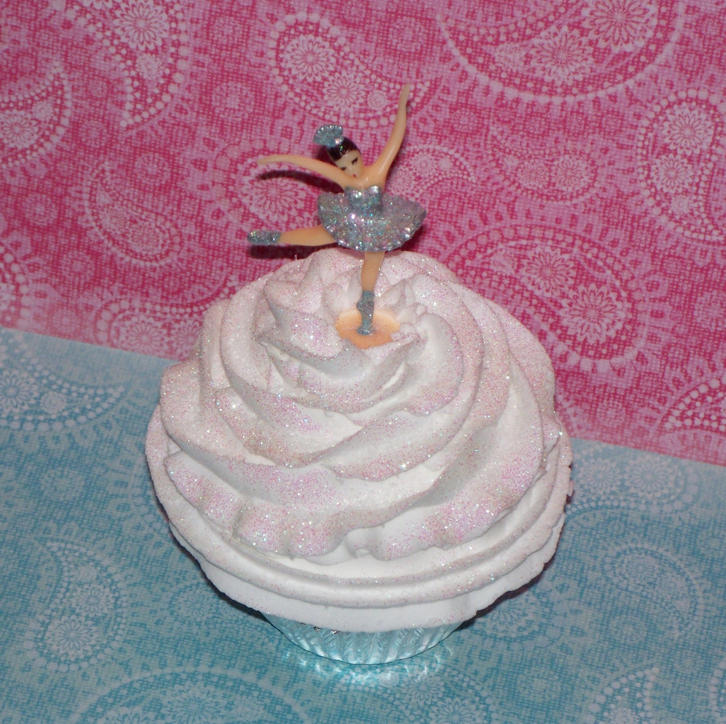 Standard Size Fake Cupcake with Silver Fairy Ballerina on top great Little Girls Birthday Party Favor or Decoration, Photo Prop
