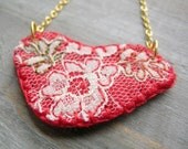 Embroidered Necklace Lace Ruby Red Apple Felt Tea Rose Series One of a Kind by OrdinaryMommy