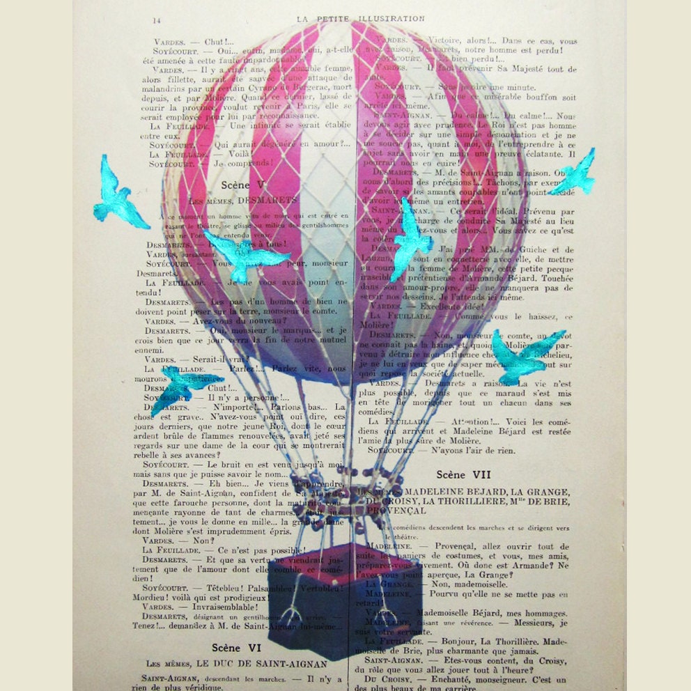 Air balloon with blue birds- ORIGINAL ARTWORK Mixed Media,  Hand Painted  on 1920 Parisien Magazine 'La Petit Illustration' by Coco De Paris