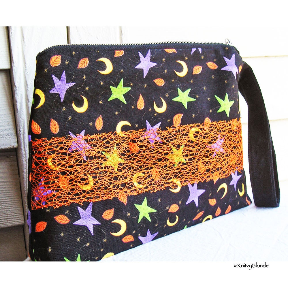 Cosmetics Bag, Knitting Notions Pouch, Autumn Leaves Moons Stars Black Orange Purple Green