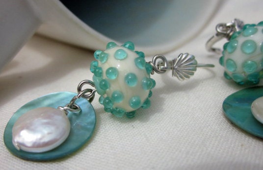 White and Aqua Earrings - Lampwork with Coin Pearl Drops