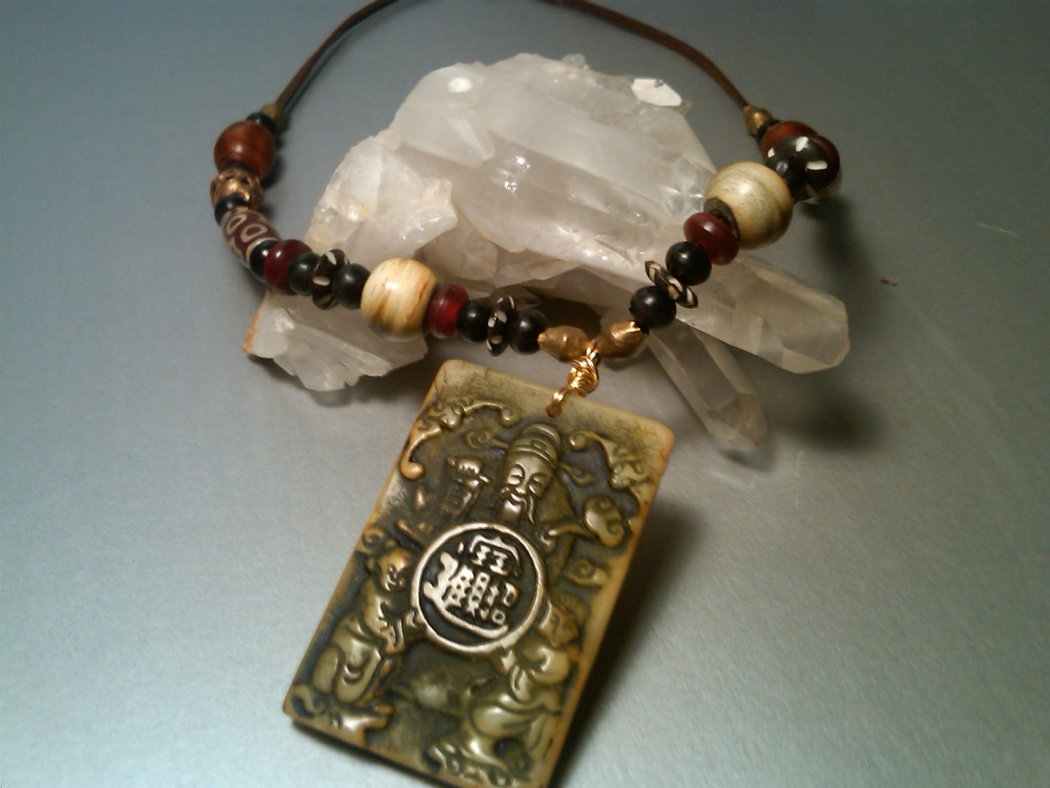 Exotic -Green Jade Pendant- Necklace with Tibetan Agate-Stone pendant