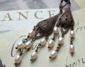 Chandelier Earrings White Freshwater Pearl Earrings Cascade Antique Brass