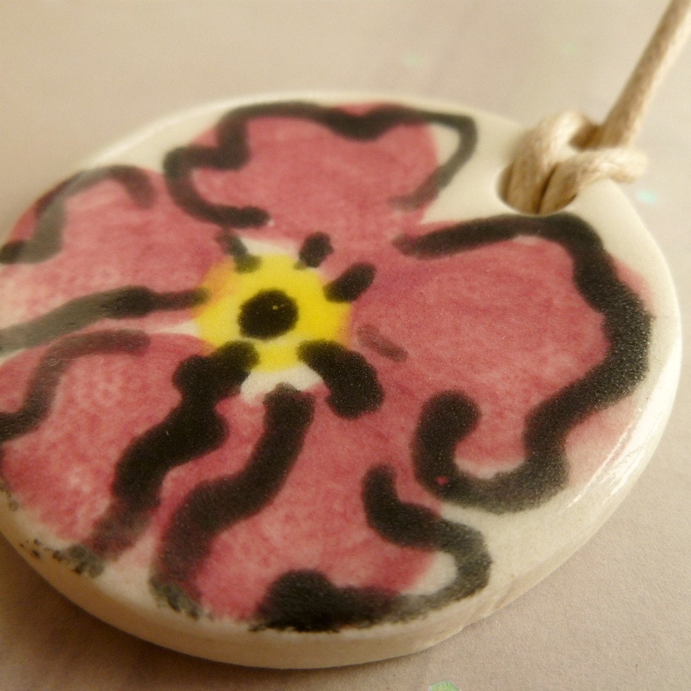 Hand Painted Porcelain Necklace Pink Flower
