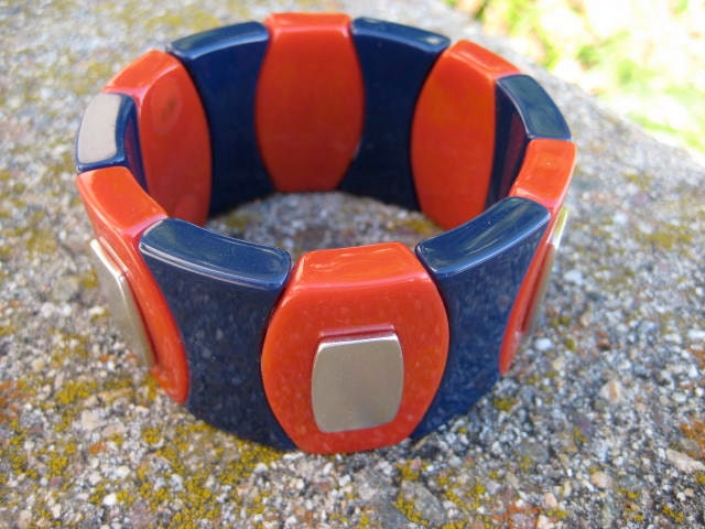 Vintage Lucite Bracelet Geometric Red Blue Silver 1970s