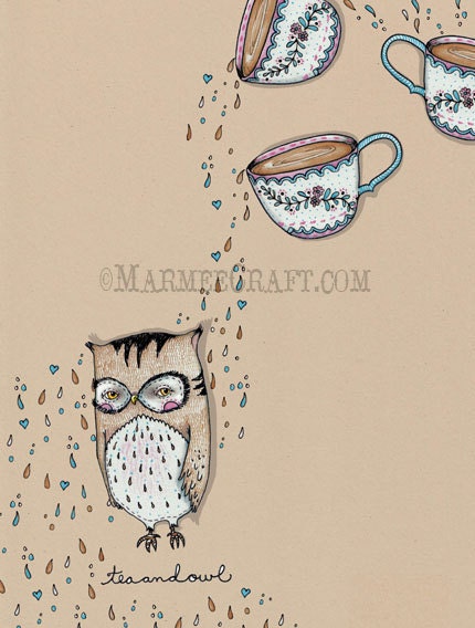 Owl and tea art print, "Tea and Owl"