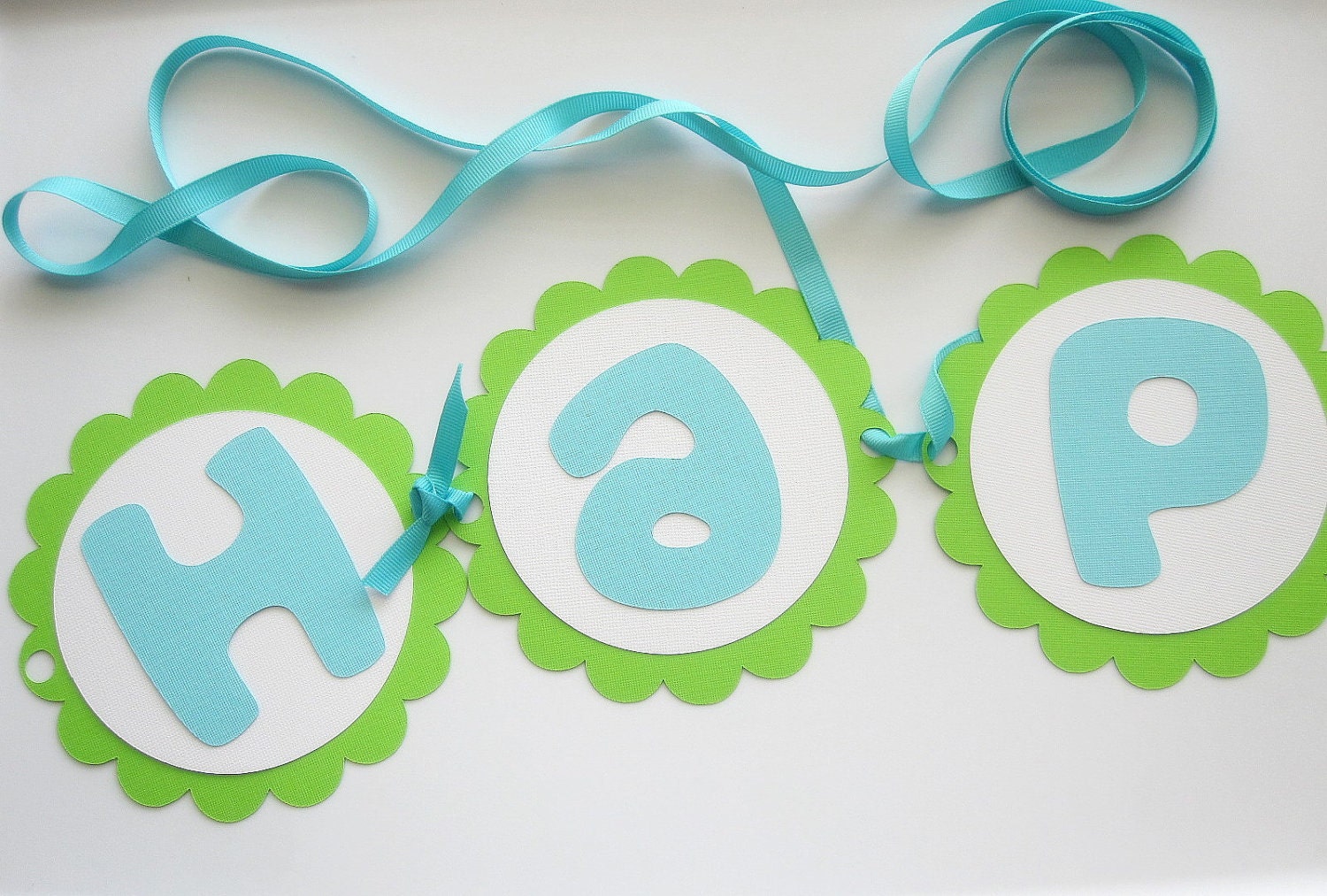 Birthday Banner , Happy birthday Banner scalloped circles lime green and aqua blue banner