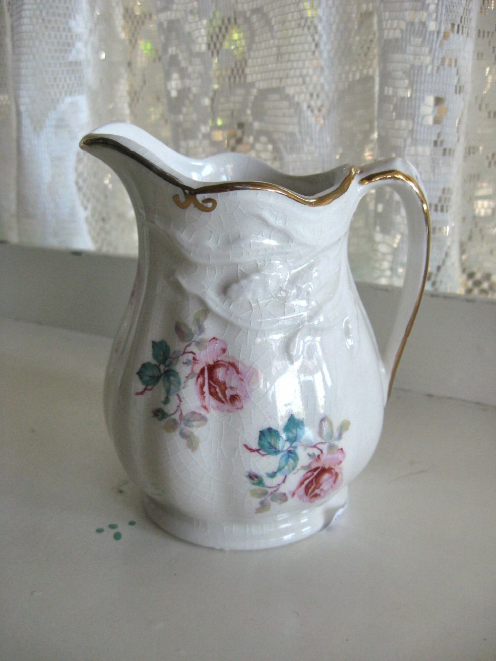 Vintage Ironstone Pitcher - Pink Cottage Roses - Arthur Wood Memory Rose - Beautiful Spring Vase
