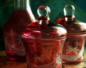 Clear Cut Cranberry Crystal Decanter and Lidded Canister Set