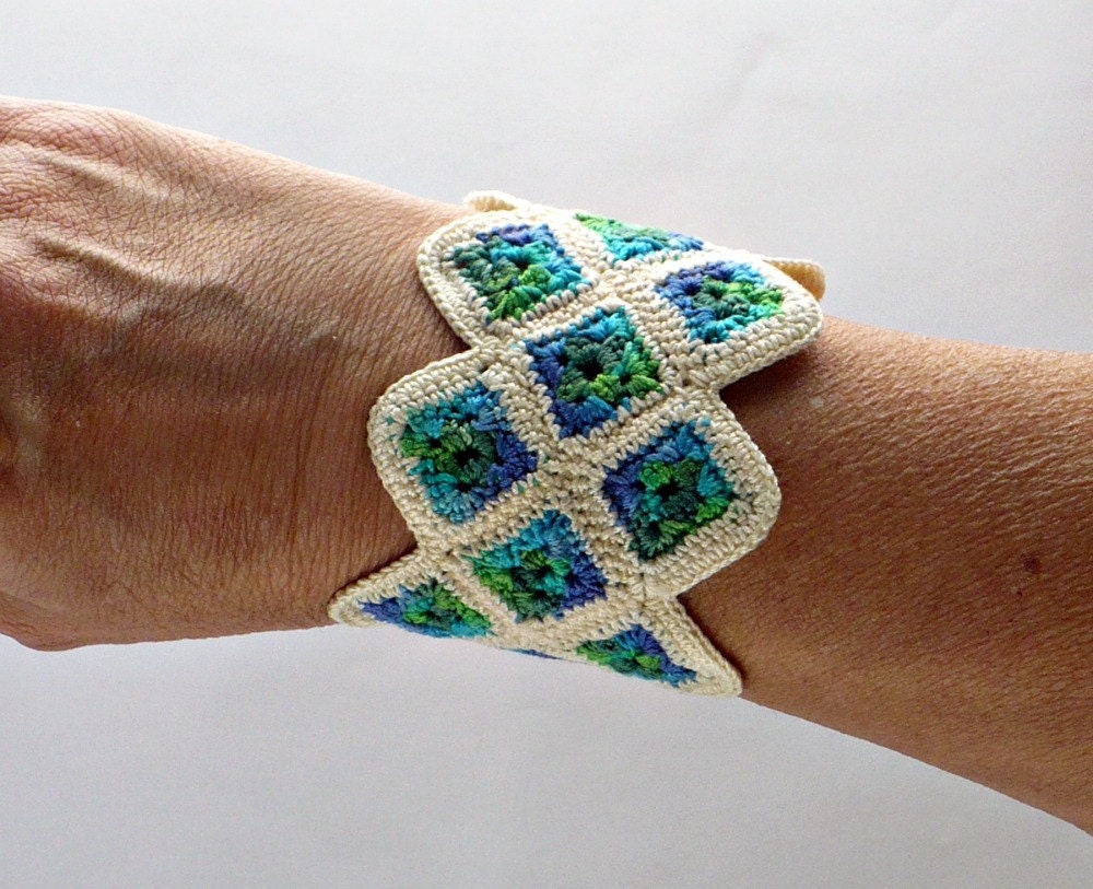 Crochet Bracelet Cuff Miniature Granny Square in Ecru Green Blue