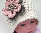 Crochet Baby Hat Beanie Organic Cotton Infant Toddler Handmade Sizes Newborn to 24 Months Photo Prop Cream color with Flowers