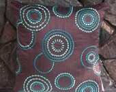 Brown throw pillow embroidered w/ teal blue and aqua blue circles 18 inch cushion cover
