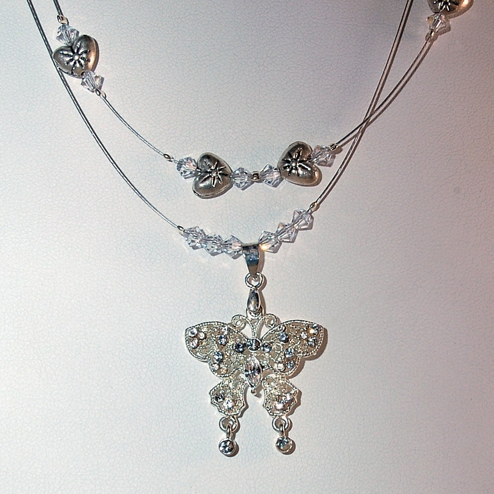 Necklace, Filigree Butterfly Pendant, Swarovski Crystals