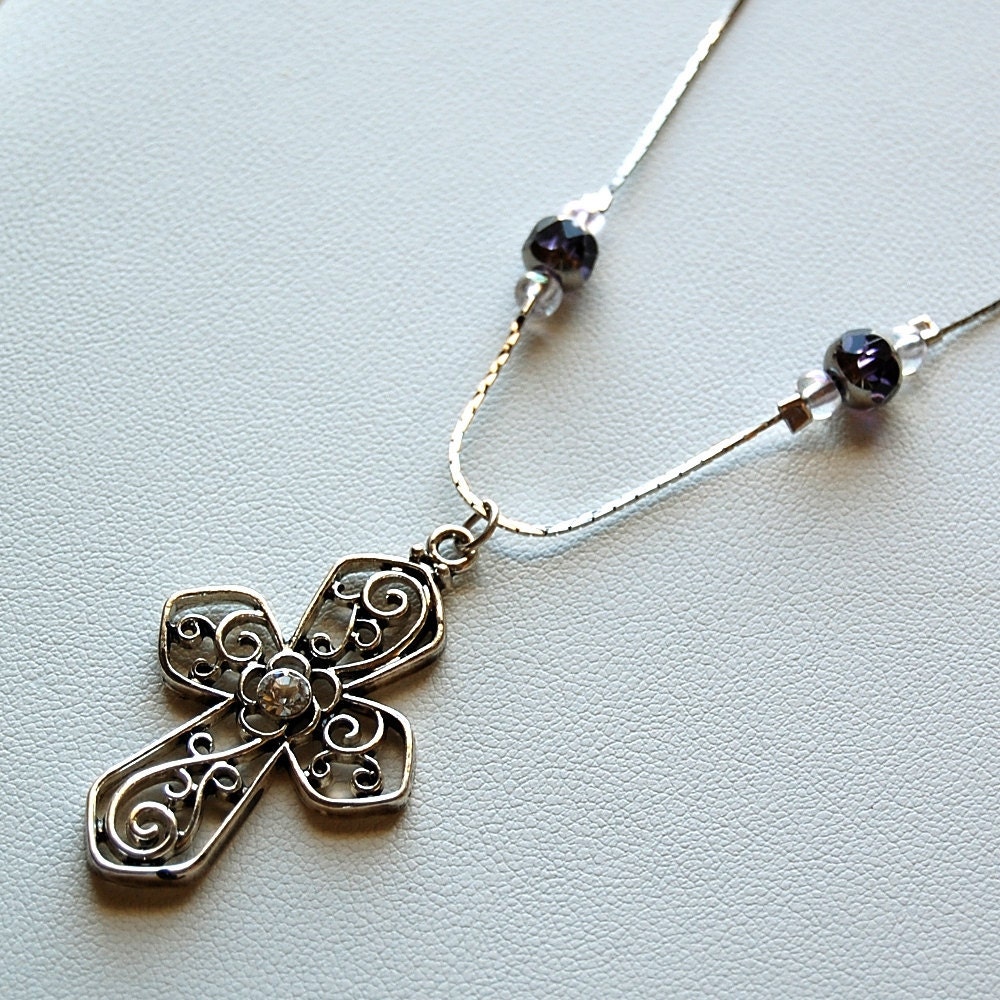 Necklace, Cross Pendant with Crystal, Glass, Crystal Beads