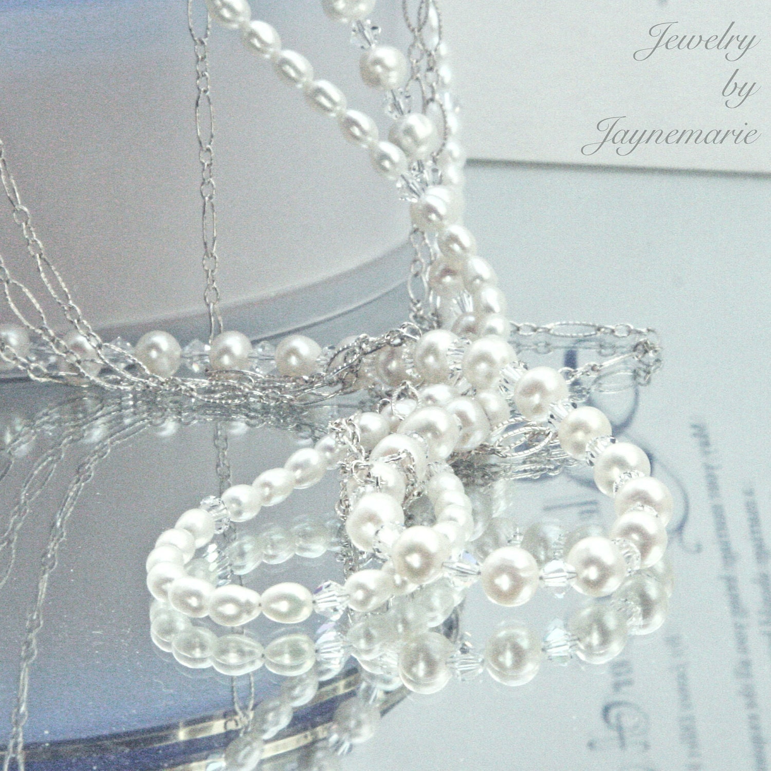 Handmade Pearl, Swarovski Crystal and Sterling Silver Bridal Necklace