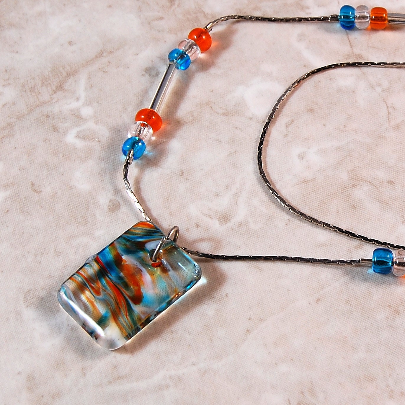 Necklace, Teal Blue & Orange Glass Pendant