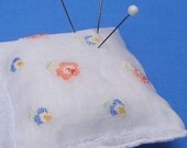 Emery Pincushion - Vintage Handkerchief - Peach Flowers