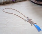 Suede Cord "Keepsake" Necklace, with Silver Plated Chain Pieces, Tan Faux-Suede Cord and Blue Feather