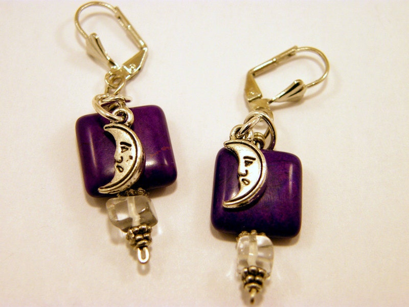 Purple Magnesite and Quartz Crystal Pewter Crescent Moon Earrings