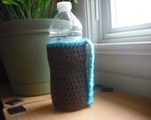 Handled Bottle Cozy Cotton in Mod Blue and Warm Brown--Regular