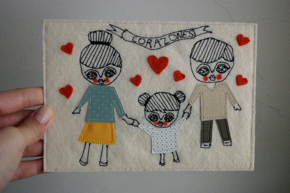 Family portrait  -  textile collage art   -  custom order  - small size